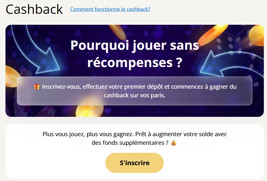 Retro Casino page cashback avec récompenses et bouton d’inscription