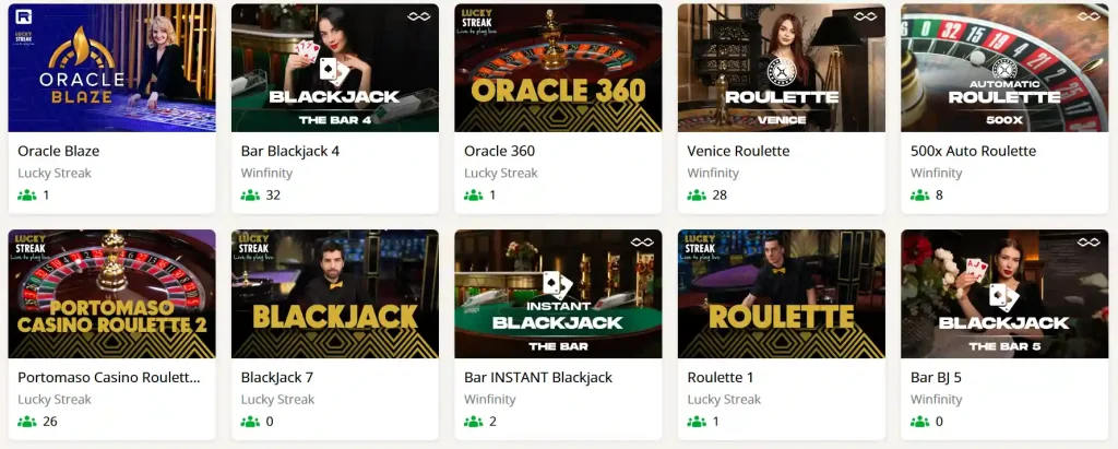 Retro Casino section live casino avec jeux de roulette et blackjack