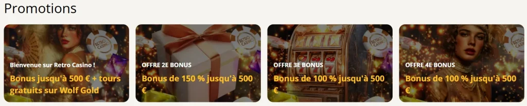 Retro Casino page promotions avec bonus de bienvenue et offres sur dépôts