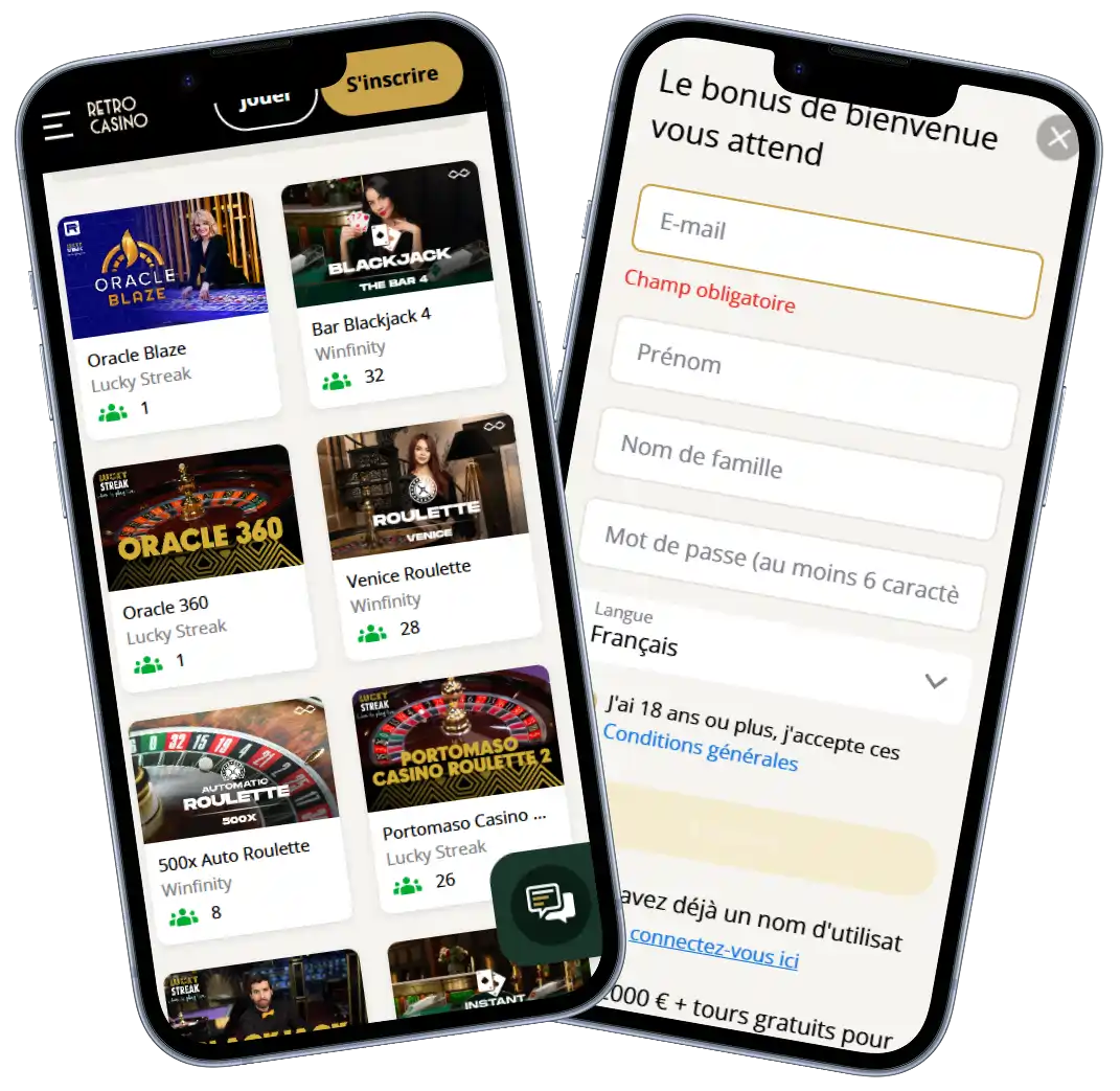 Retro Casino version mobile avec jeux live et formulaire d’inscription
